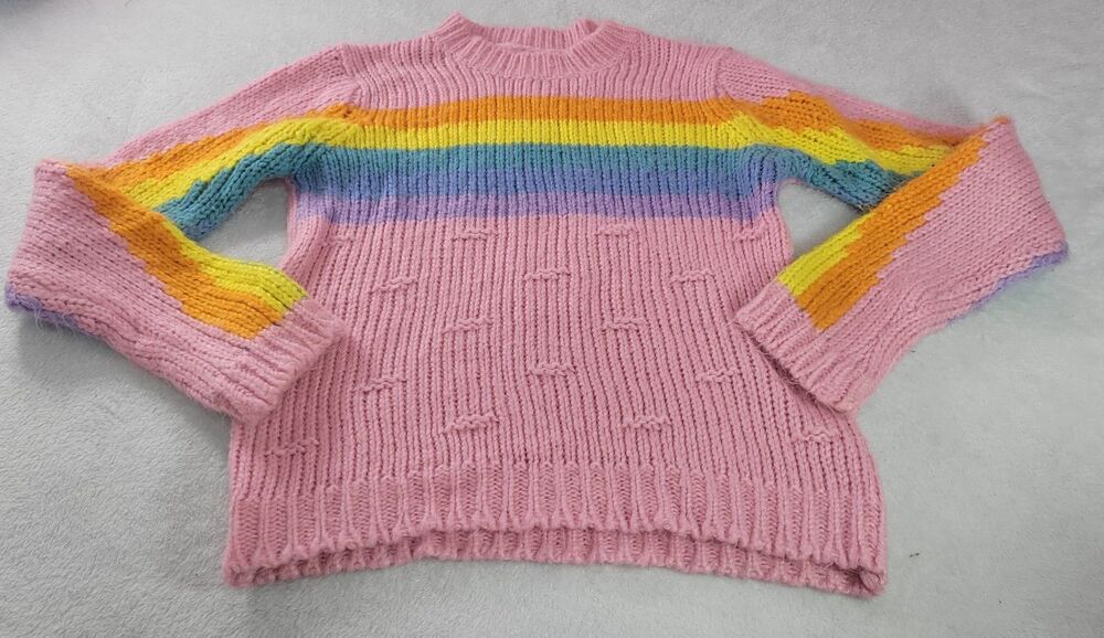 Chunky Knit Pink Sweater with Rainbow Striped Sleeves Cozy Warm Pullover Size S